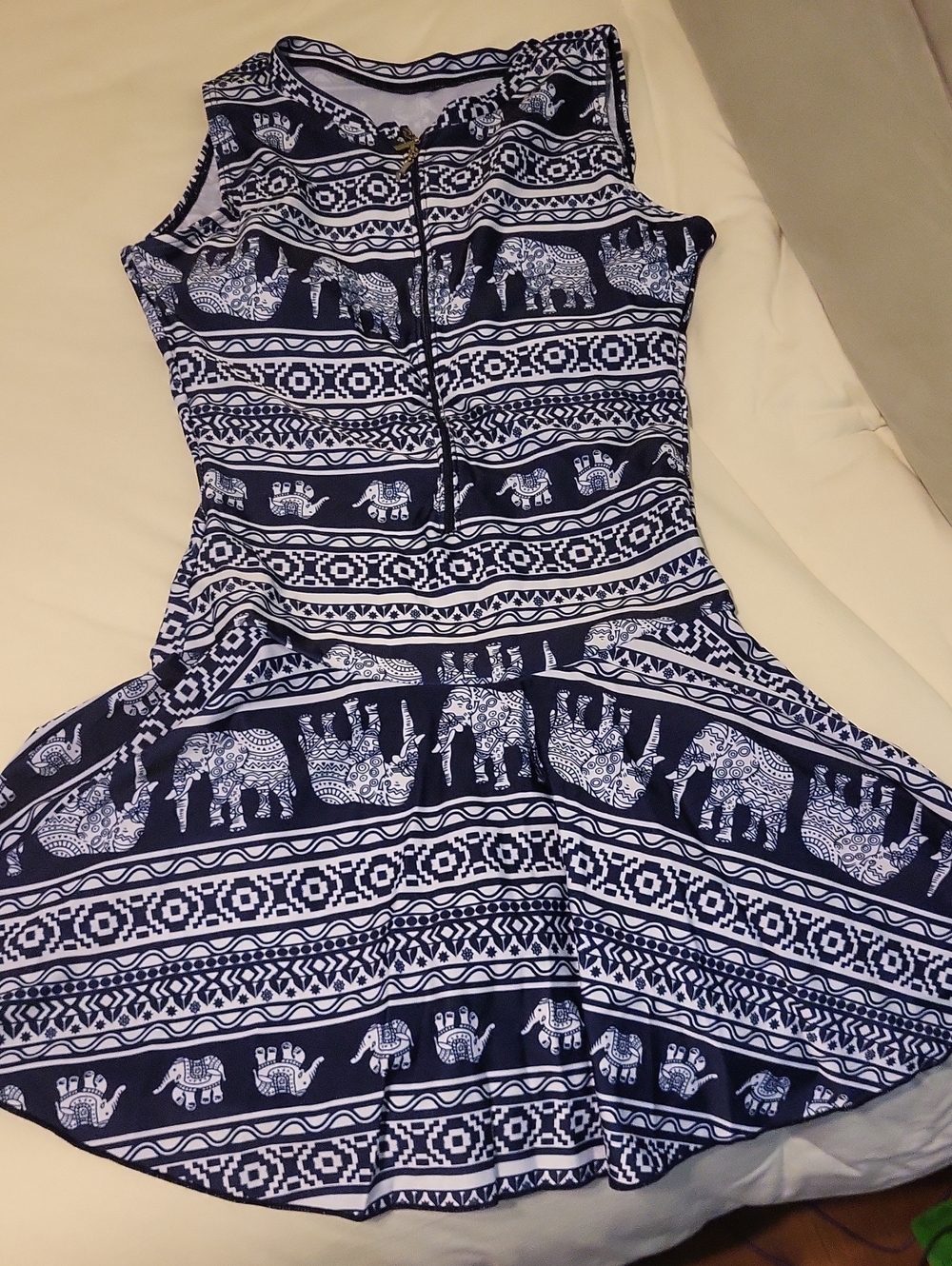 Navy & White Elephant Print Fit-and-Flare Swim Dress